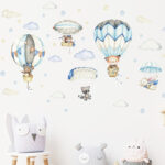 Cartoon Animal Wall Decals Panda Foxes on Hot Air Balloon