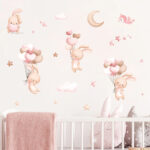 Pink Cartoon Bunny Moon Clouds Stars Wall Stickers