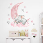Cute Elephant Wall Stickers with Pink Moon and Stars