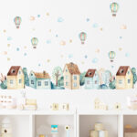 Cartoon Village Hot Air Balloon Wall Stickers