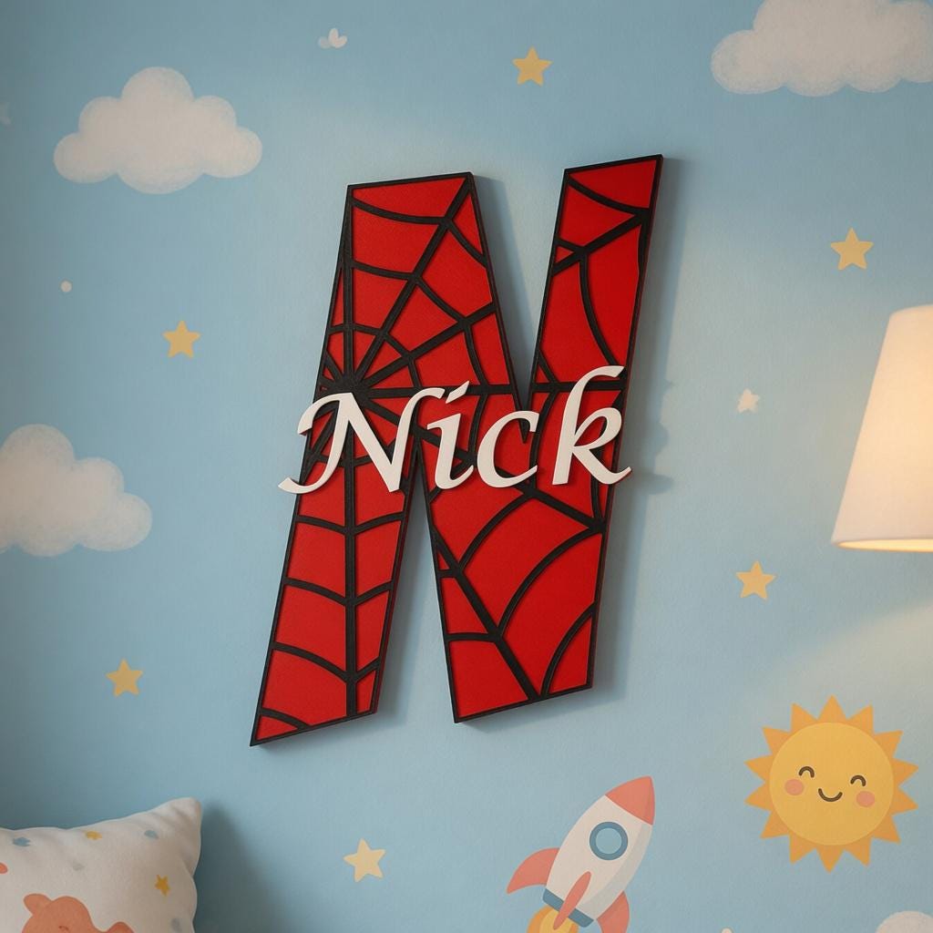 Personalized Superhero Name Sign, Custom Spiderman Room Sign, Kids Room Decor, Nursery & Game Room Wall Decor, Red Spider Web Name Sign - Image 2