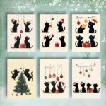 Funny Cat Christmas Card Set I Pack of 7 Cards, Cute Kitty Holiday Greeting Cards, Black Cat, Handmade Card Set, Cat Lover Christmas Cards