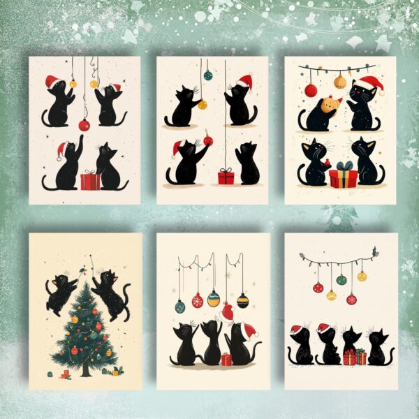 Funny Cat Christmas Card Set I Pack of 7 Cards, Cute Kitty Holiday Greeting Cards, Black Cat, Handmade Card Set, Cat Lover Christmas Cards