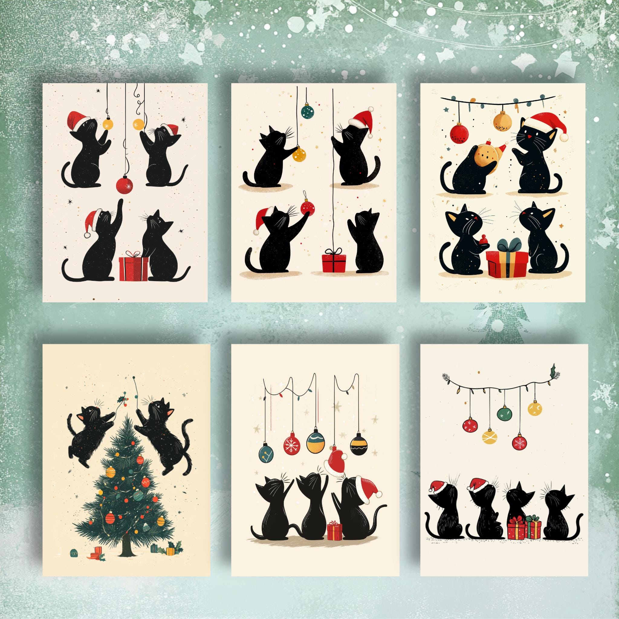 Funny Cat Christmas Card Set I Pack of 7 Cards, Cute Kitty Holiday Greeting Cards, Black Cat, Handmade Card Set, Cat Lover Christmas Cards