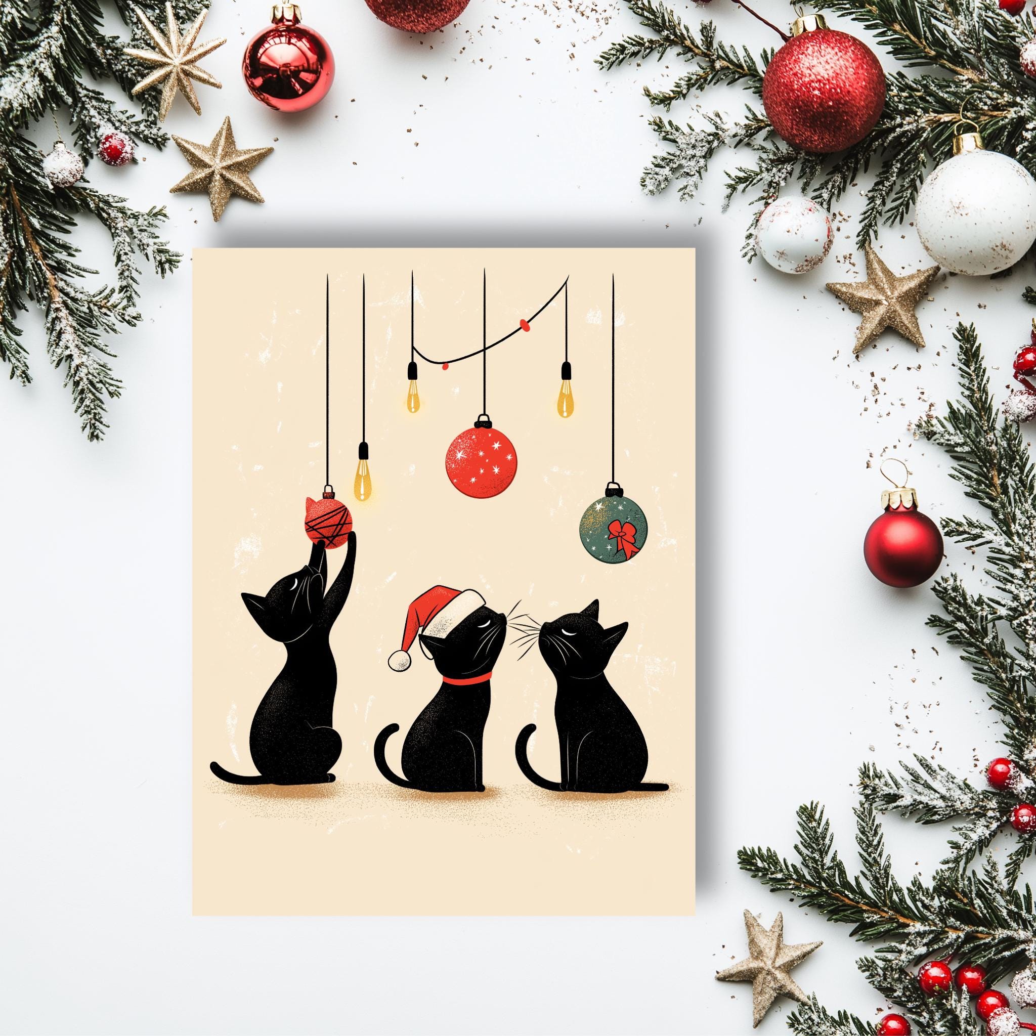 Funny Cat Christmas Card Set I Pack of 7 Cards, Cute Kitty Holiday Greeting Cards, Black Cat, Handmade Card Set, Cat Lover Christmas Cards - Image 2