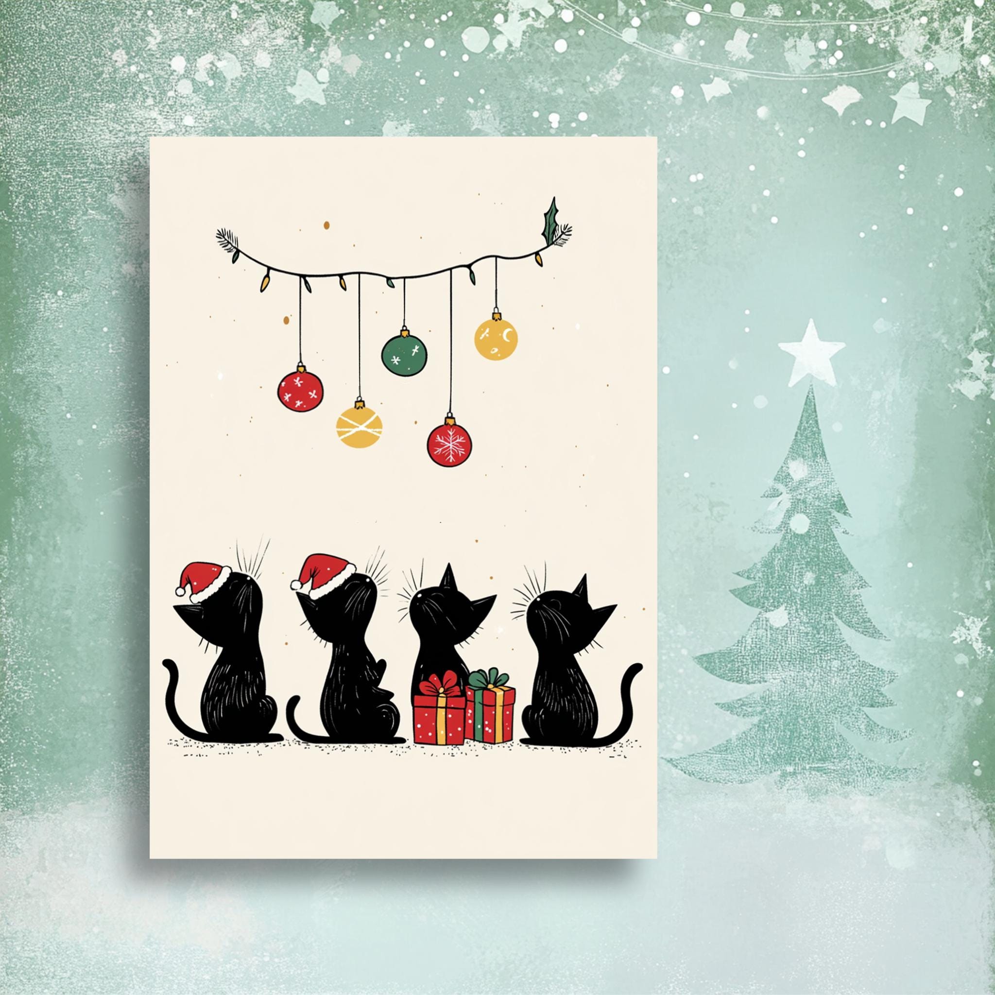 Funny Cat Christmas Card Set I Pack of 7 Cards, Cute Kitty Holiday Greeting Cards, Black Cat, Handmade Card Set, Cat Lover Christmas Cards - Image 3