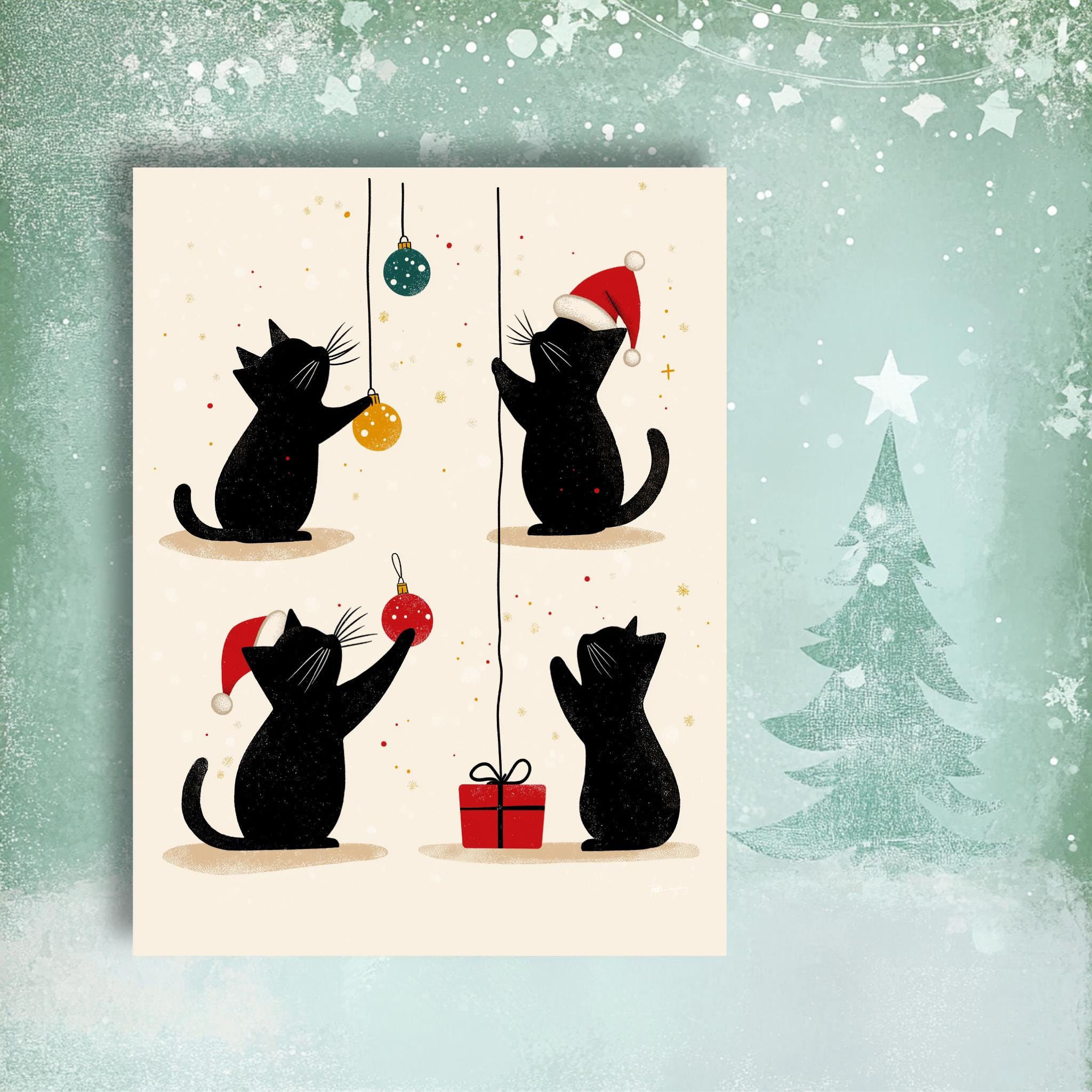 Funny Cat Christmas Card Set I Pack of 7 Cards, Cute Kitty Holiday Greeting Cards, Black Cat, Handmade Card Set, Cat Lover Christmas Cards - Image 4
