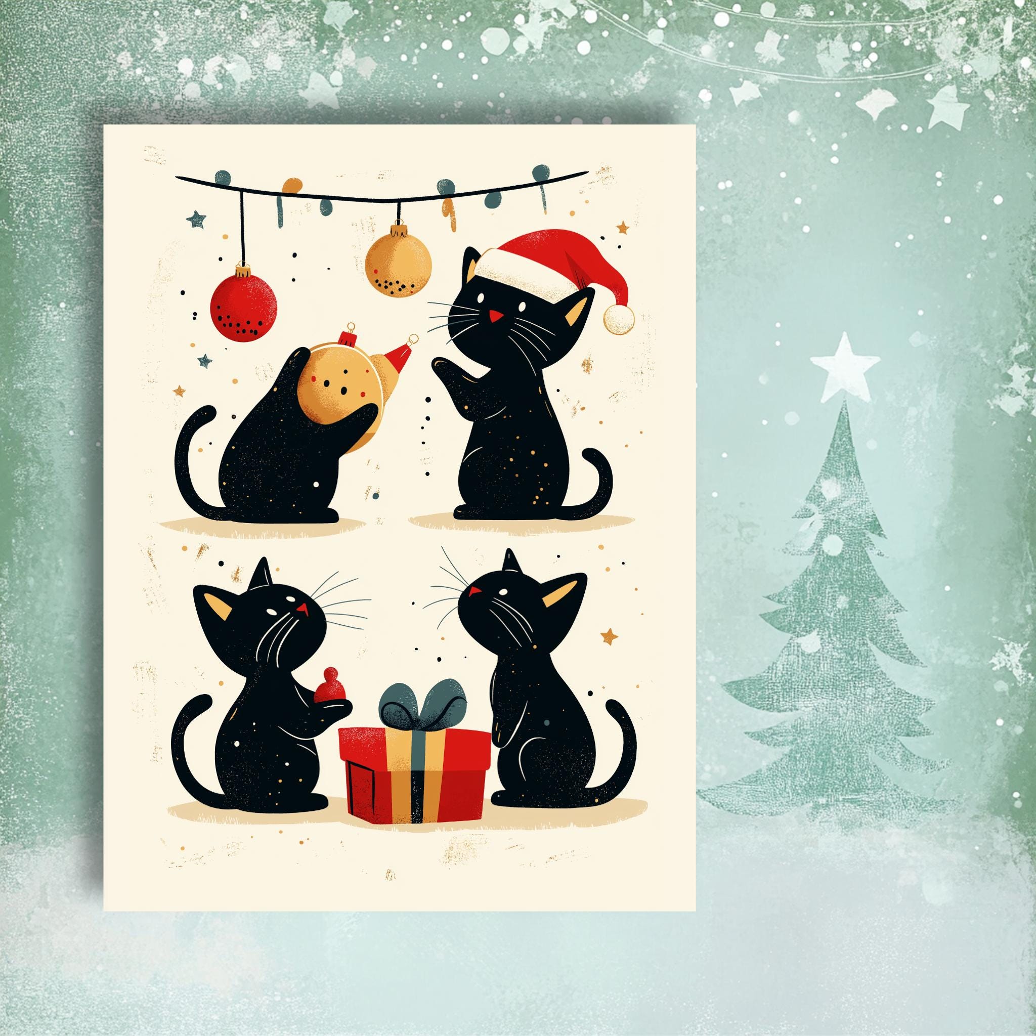 Funny Cat Christmas Card Set I Pack of 7 Cards, Cute Kitty Holiday Greeting Cards, Black Cat, Handmade Card Set, Cat Lover Christmas Cards - Image 5