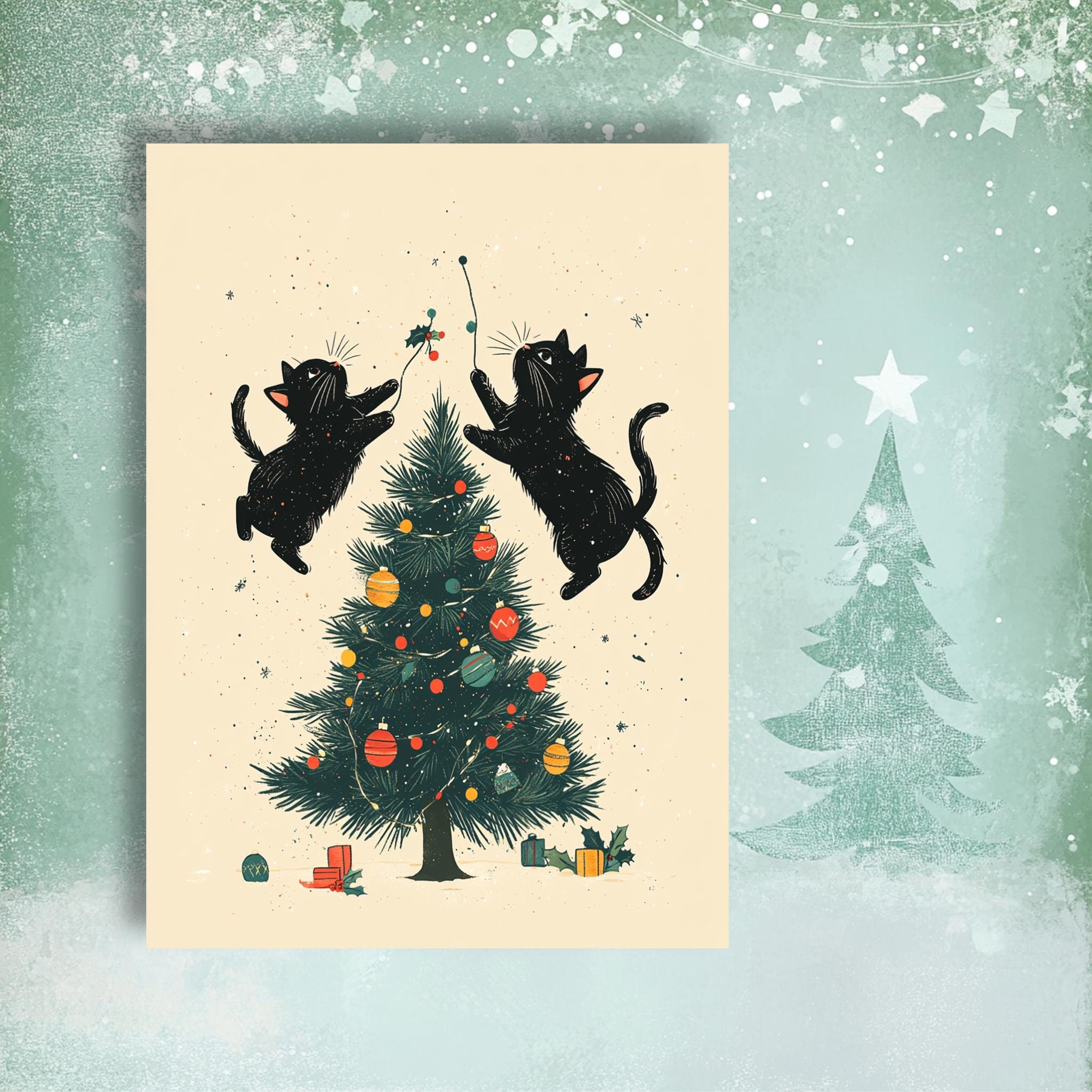 Funny Cat Christmas Card Set I Pack of 7 Cards, Cute Kitty Holiday Greeting Cards, Black Cat, Handmade Card Set, Cat Lover Christmas Cards - Image 6