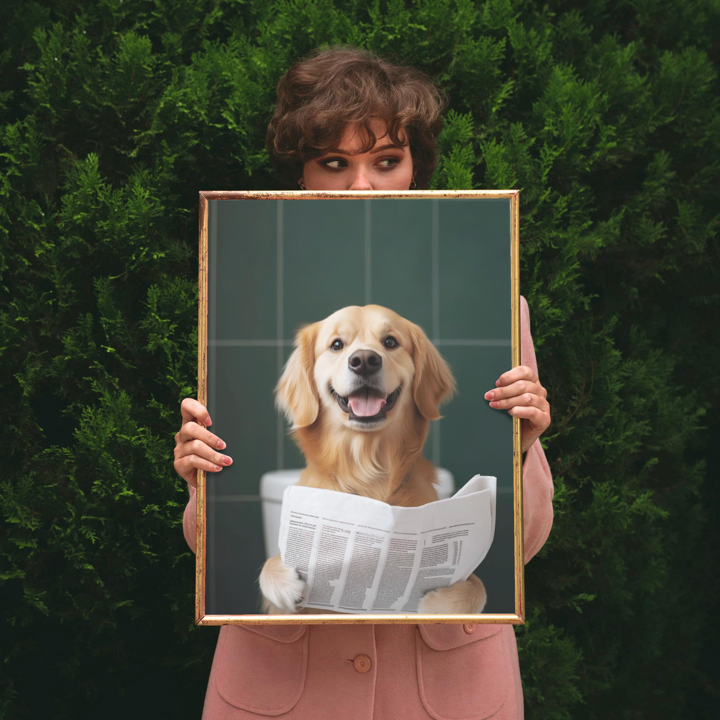 Custom Digital Pet Portrait: Funny Dog Bathroom Newspaper Art