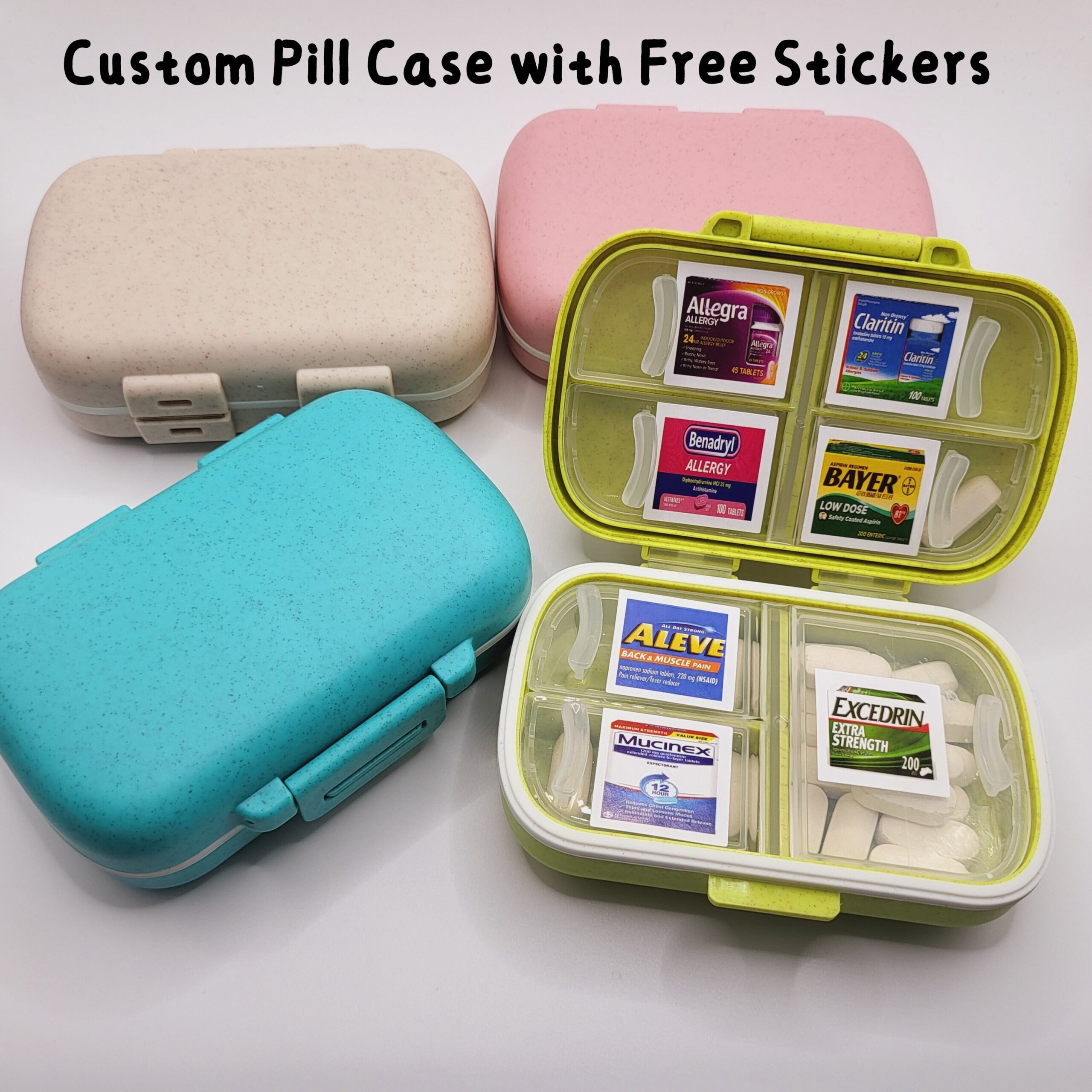Travel Pill Case with 281 Pre-cut Pill Labels, Mini Stickers in Small, Medium, Large Sizes for Pill Organizer, Vitamin Storage Container